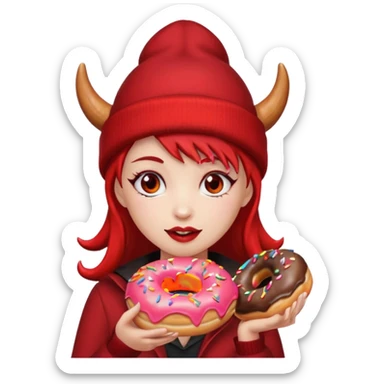 female devil wearing beanies holding donut sticker