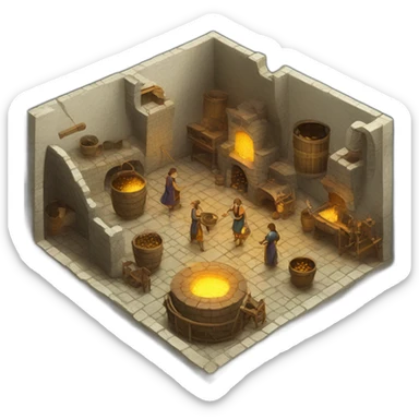 open floor plan of a medieval mint showing different people working, one person on the furnace, some people molding liquid gold into coins sticker