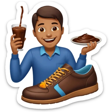 Man laughing with chocolate sauce on shoe sticker