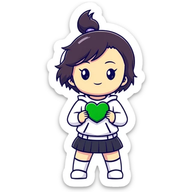 magical heroine chibi emote holding a green love heart sticker