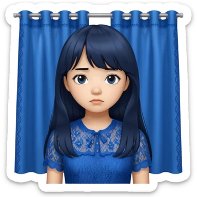Long hair asian girl with curtain bangs with a blue lace top on with sad expression sticker