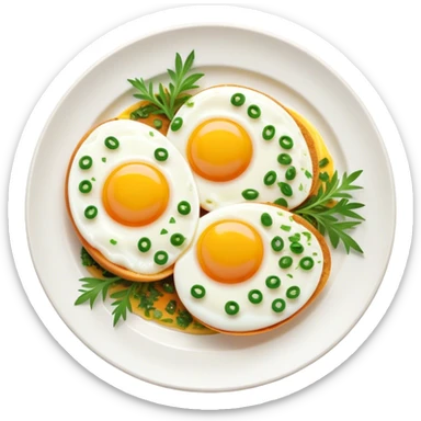 Cinematic sunny-side-up eggs, perfectly cooked with glossy yolks, crispy golden edges, sprinkled with fresh herbs, served on a rustic plate, bright and inviting, highly detailed and appetizing. sticker