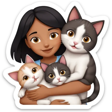 happy black haired girl hugging three cats  (carey cat, gray cat, white brown cat) sticker