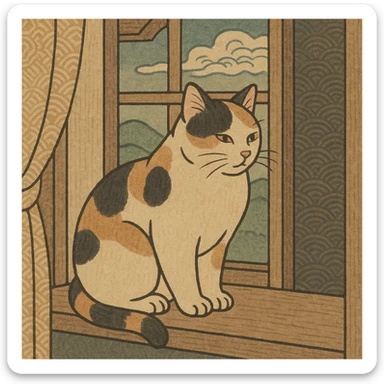 ukiyo-e style illustration of a cat sitting on a windowsill sticker