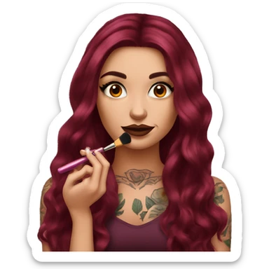 Beautiful tattooed burgundy long haired woman doing her makeup sticker