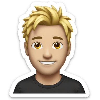 man with emo hair smiling with AJ white t-shirt sticker