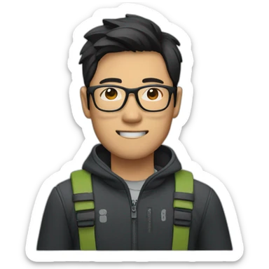 Dark-haired Asian man with glasses and bicycle accessories sticker