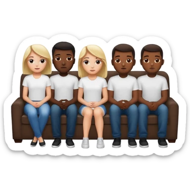 A white girl sitting alone on a couch with 5 black men in white shirts behind the couch. Recreate the popular meme "5 black guys and a blonde sticker