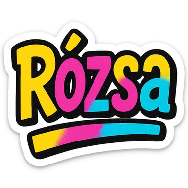 Rózsa name in modern colorful gradient font with dark outline, dynamic slanted or partial underline, transparent background, in the style of reference patterns sticker