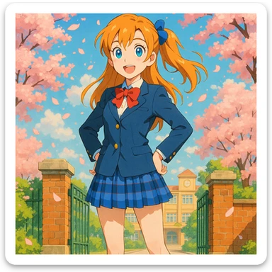 bright and cheerful anime schoolgirl standing confidently in front of her school gate during spring, cherry blossoms fluttering around, long light orange hair in a side ponytail with a blue ribbon, expressive blue eyes, warm smile, classic Japanese high school uniform with navy blue blazer, white blouse, red ribbon bow, blue checkered skirt, knee-high navy socks, brown loafers, vibrant 2D anime style inspired by Love Live!, lively background with high attention to color and lighting sticker