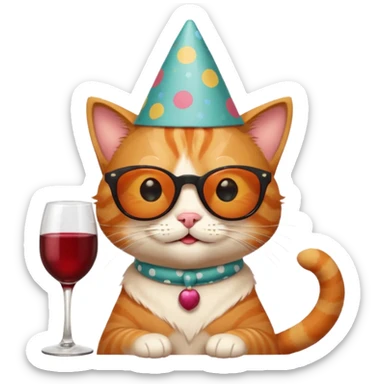 winking happy cat with a huge polka dot birthday hat, black sunglasses, and a wine glass sticker