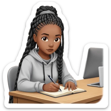  A dark-skinned Black woman with long black box braids, sitting at a desk, writing in a notebook, wearing a hoodie, looking focused. sticker