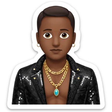 Johnny Gill with dark brown hair, black sequin jacket, shirtless with necklace sticker