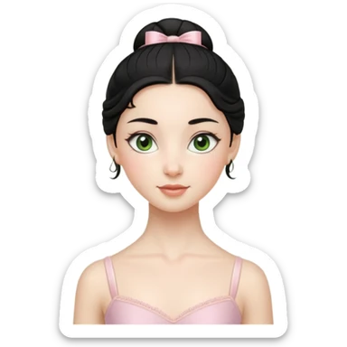 Cinematic Realistic ballerina Medium Blue Portrait, depicted with lifelike skin texture, subtle rosy undertones, and soft natural lighting that enhances the gentle contours of her face. Her intricately detailed sweet black hair is elegantly styled, green eyes sticker