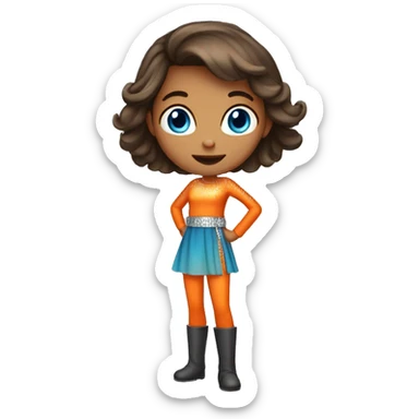 a brunette blue-eyed girl in an orange outfit with a stomach level silver sequin belt  sticker