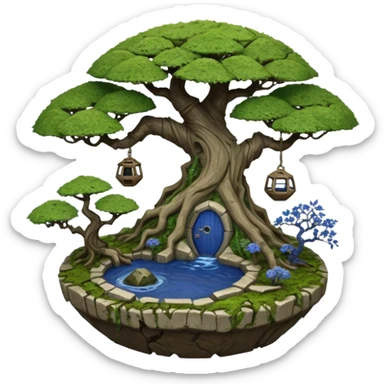 Alien spacecraft hanging jungle-vines mountain-island landscape antique mudman very old broken cracked intricate Stone Age rocky-crusted irregular dodecagon-shaped shallow dark moss rough bark blue willow flowered maple tree bonsai pot sticker