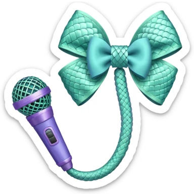 A pastel blue bow with a pastel a pastel green snake at the top of one side and a pastel purple microphone on the bottom of the other side of the bow sticker