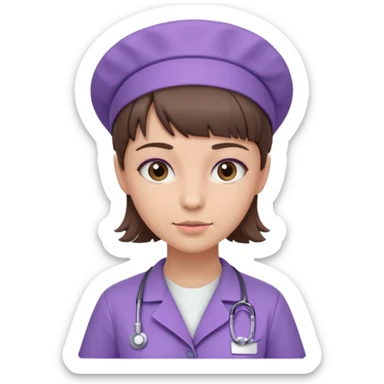 A young female slim nurse with short Brown hair with fringe over her forehead, wearing larvendar purple working cloth sticker