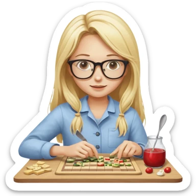 je voudrai un emoji d'une fille aux cheveux longs et blonds avec des lunettes entrain de découper, une entrain de faire un jeu de société, une qui cuisine, sticker