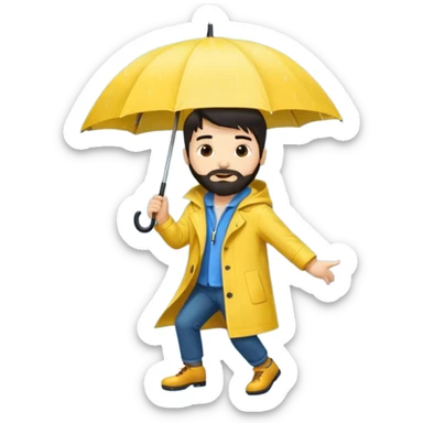 A dark-haired boy with a white beard dancing with an umbrella in the rain sticker