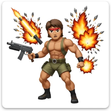 Icon for Action Movies: Rambo in the lead role, in an intense action pose with weapons, explosions, and dramatic background. The design should evoke the classic action movie feel with muscle-bound heroes and high-energy sequences. Transparent background. sticker