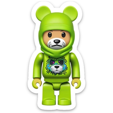 bearbrick toy wearing a lime green balaclava with graffiti style artwork sticker