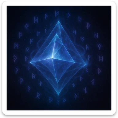 an enigmatic AI presence represented by a multidimensional shape with ethereal light and cryptic runes sticker
