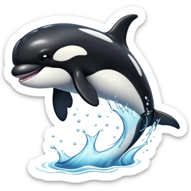 Meme-Worthy Breaching orca Portrait Emoji, Bursting powerfully out of the ocean with an impressive, high-energy leap, showcasing a sleek black-and-white body glistening with water droplets and dynamic, arched posture, Simplified yet exhilaratingly expressive features, highly detailed, glowing with a vibrant marine energy, high shine, bold and full of life, stylized with an air of untamed ocean spirit, soft glowing outline, capturing the essence of an orca mid-breach, radiating pure, unstoppable aquatic power! sticker