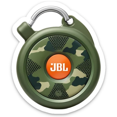 Minimalist JBL Clip 4 speaker with circular shape, carabiner clip, green camouflage pattern, and small JBL logo in the center, iOS emoji style sticker