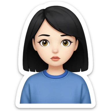 A bit white,has black hair and eyes, hush cut hair, has cute makeup, baggy clothes sticker