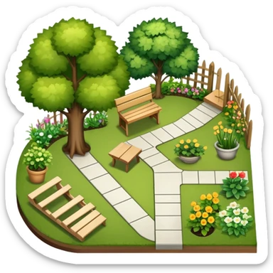 Icon for Landscape Design: a garden layout with trees, plants, pathways, and outdoor furniture, along with design tools like a ruler, pencil and sketchpad. The icon should represent the creativity and planning behind landscape design. Transparent background. sticker