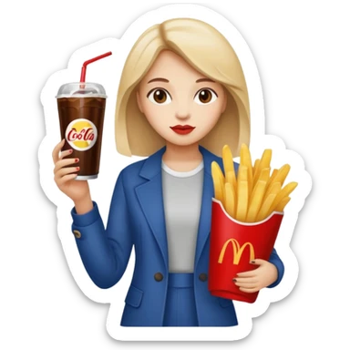 a young woman full length with cola in one hand and french fries in the other hand and a painting under her arm sticker
