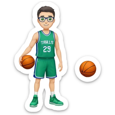 Full Body heavy white male with dark short spike hair basketball player wearing glasses wearing blue green uniform smiling sticker