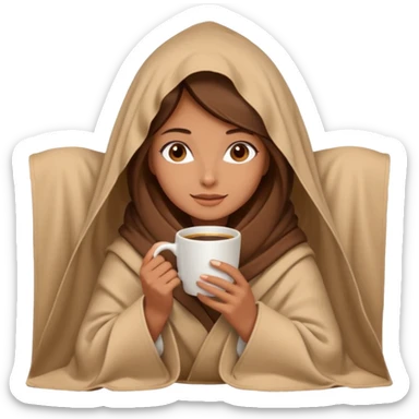 brown hair woman sitting under beige blanket, with a blanket over his head, holding cup of coffee, autumn mood sticker