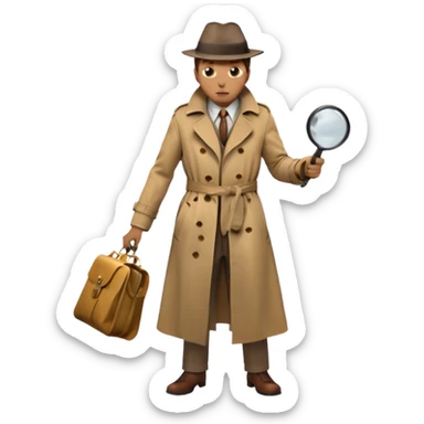 Icon for Detective Movie: A vintage movie poster-style design of a mysterious detective in a trench coat, holding a magnifying glass. Include dark alleyways, fog, and shadowy figures. The design should evoke a classic noir detective story with retro cinematic typography. Transparent background. sticker