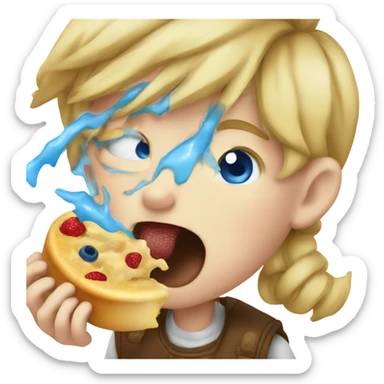 boy licking food with blue eyes pointing finger as a no sticker