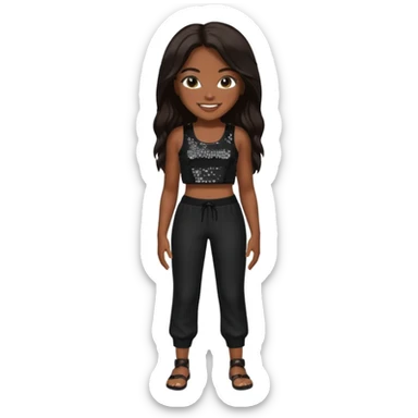 Aaliyah with black sequin crop top and pants, long dark brown hair sticker