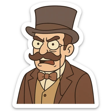 Make the man with mustache, top hat, and monocle look angry, in flat toon style, with no background. sticker