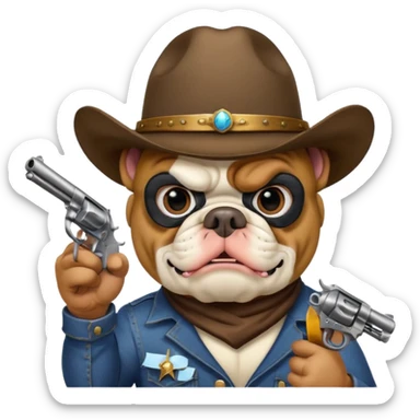 A bulldog wearing a cowboy hat, wearing a mask, pointing a revolver at you and telling you to hand over your money. sticker