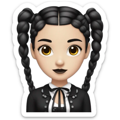 A girl with dark hair two braids and black eyes in style of Wednesday Addams sticker