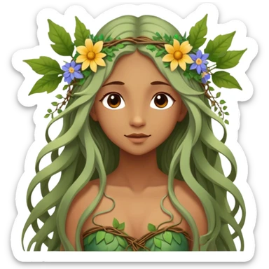 Cinematic Realistic Forest Nymph Fairy Portrait, depicted with lifelike, sun-kissed tanned skin that radiates an earthy glow, softly illuminated by natural, dappled light. Her long, flowing hair is intricately detailed and interwoven with delicate vines and wildflowers, while her deep, soulful eyes mirror the wisdom of the forest. Dressed in an attire inspired by nature’s palette—with subtle botanical motifs—the portrait exudes a soft, enchanted glow that melds realism with woodland magic. sticker