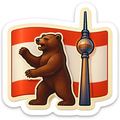 Create an emoji of the Berlin Bear standing next to the Berlin TV Tower, less cartoonish, with the Berlin flag as the background, no text. The style should be retro stickers style with clear and vibrant colors, maintaining the iconic features of the Berlin Bear but with a more realistic and less cartoonish look, and the Berlin TV Tower clearly visible next to the bear. sticker