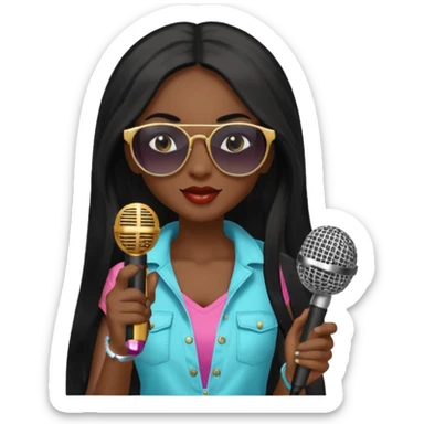 dark long haired woman with summer clothes and sun glasses holding microphone sticker