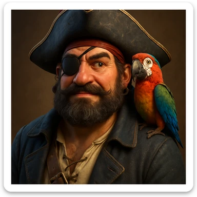 3d illustration of a pirate with eye patch and parrot sticker