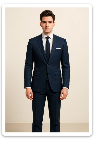 Full-body portrait of the same young man: elegant hairstyle, confident, fitted navy blue suit, white shirt, black tie, pocket square. Standing straight, arms relaxed at sides. Clean background, modern business look, sharp lines, consistent lighting, matching previous style and character. sticker