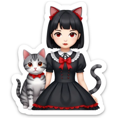 girl wearing black Lolita style dress, with medium-length black hair with red tips, and a gray American Shorthair tabby cat sticker