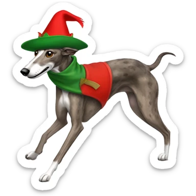 running brindle greyhound with green velt Robin Hood hat and small red feather sticker