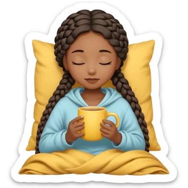black girl with eyes closed, long braids, light bow in hair, light beige blanket, holding a yellow mug, soft cute emoji style sticker