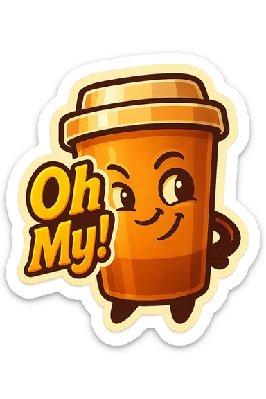 Tall coffee cup, mischievous smirk, looking sideways, big "Oh My!" sticker