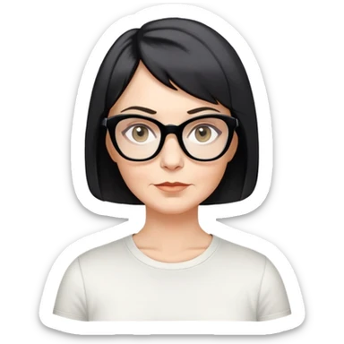 white woman, about 50 years old, light warm skin, short black bob haircut with slight waves at ends, neutral-determined expression, large black shiny butterfly or cat-eye glasses, white casual t-shirt, calm and creative energy sticker